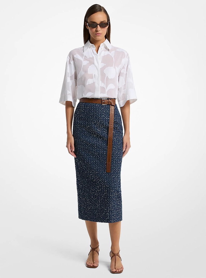 Falda l&aacute;piz de tweed de denim con lentejuelas in &Iacute;ndigo/Plateado | Michael Kors