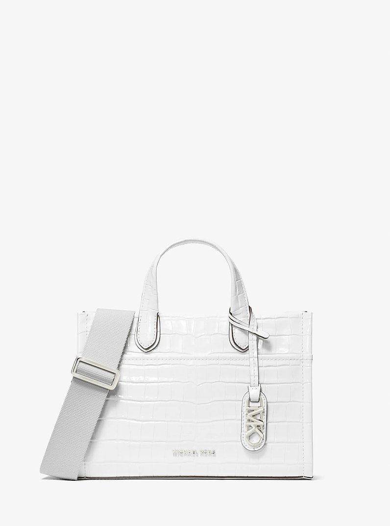 Gigi Small Crocodile Embossed Leather Messenger Bag in OPTIC WHITE