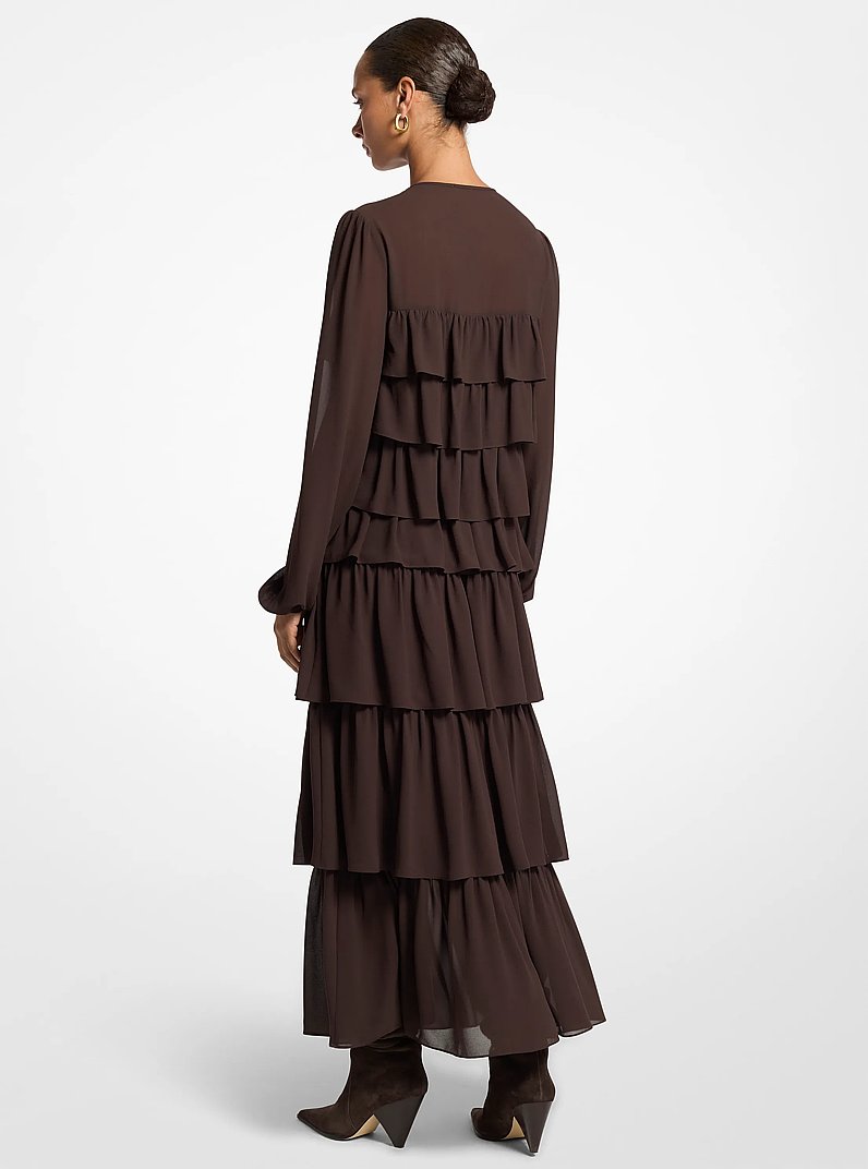 Vestido de georgette largo con volantes in CHOCOLATE | Michael Kors