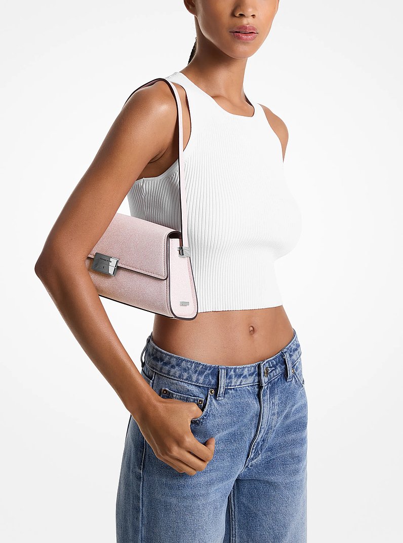 Lunar New Year Ludlow Medium Denim-Printed Leather Shoulder Bag in ROSEWATER | Michael Kors