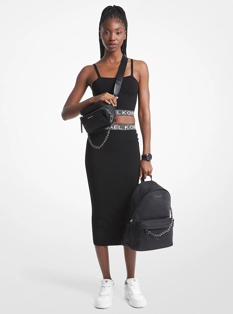 Logo Tape Stretch Viscose Midi Skirt in BLACK - Sale | Michael
