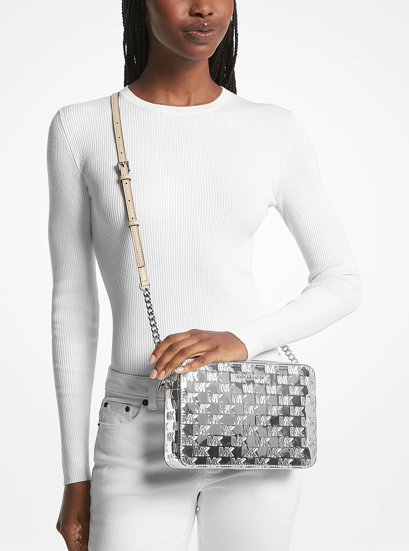 Jet Set Large Logo Embossed Patent Crossbody Bag in SILVER | Michael Kors