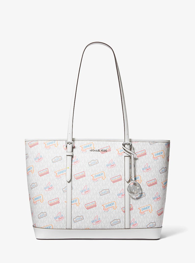 Jet Set Large Printed Signature Logo Tote Bag in OPTIC WHITE | Michael Kors