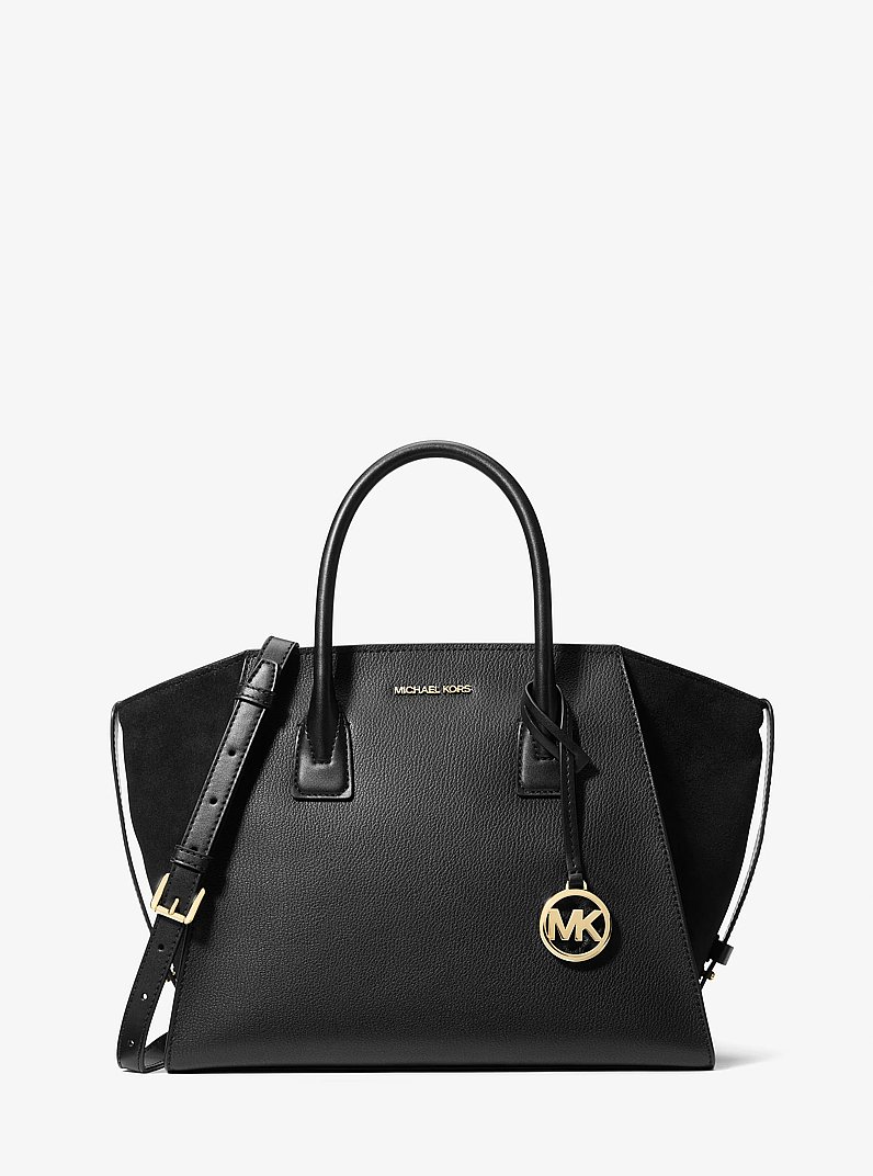 Avril Large Leather and Suede Satchel in BLACK | Michael Kors