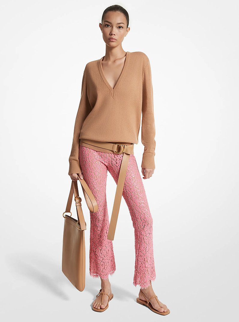Hand-Embroidered Sequin Floral Lace Cropped Pants in GERANIUM | Michael Kors