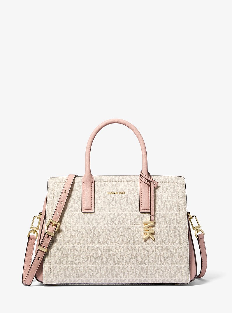Laila Medium Signature Logo Satchel in VANILLA/SOFT PINK | Michael Kors