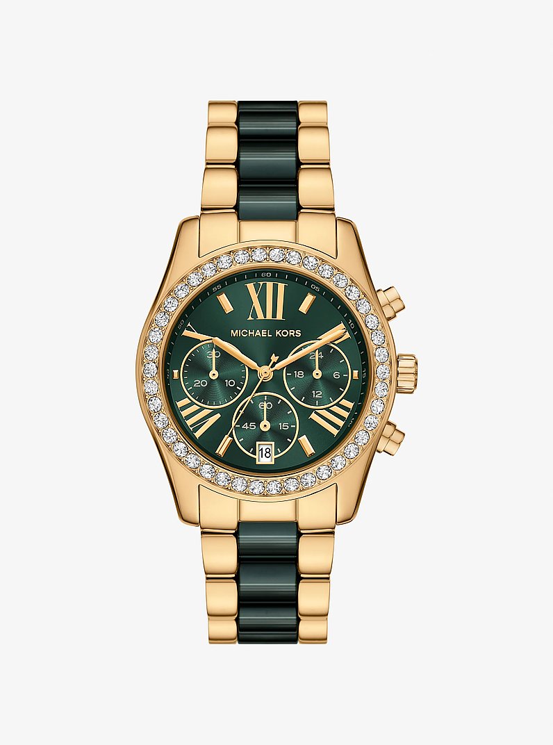 Lexington Pav&eacute; Gold-Tone and Ceramic Watch in GOLD/GREEN | Michael Kors