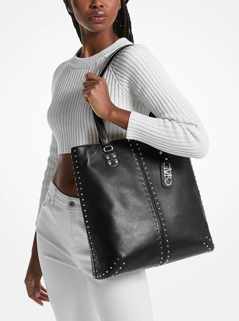 Astor Large Studded Leather Tote Bag in BLACK | Michael Kors