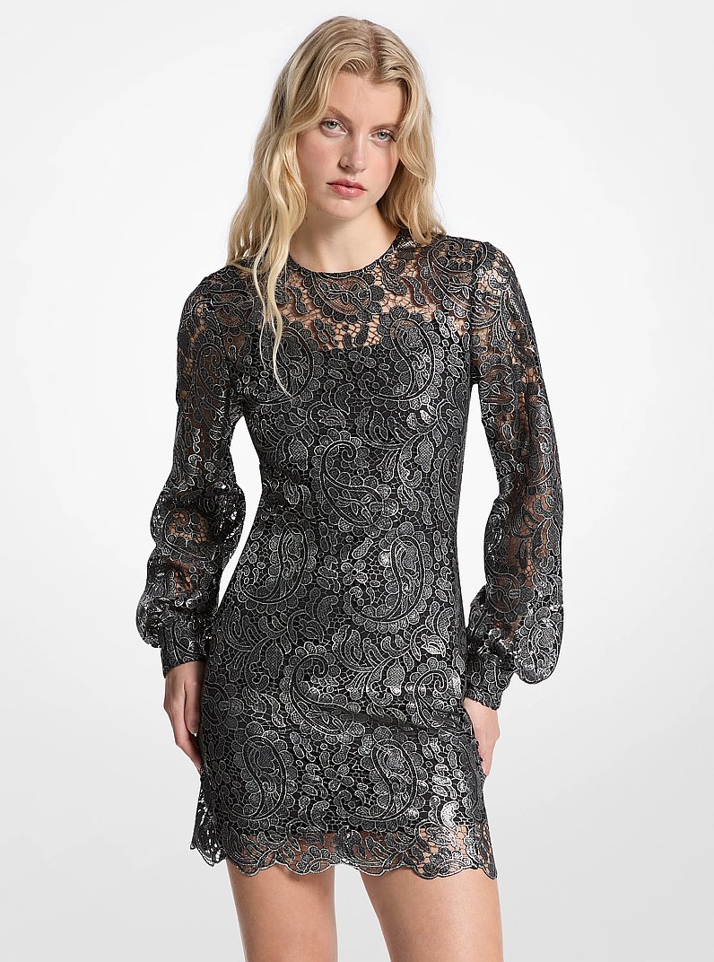 Metallic Paisley Lace Mini Dress in GUNMETAL | Michael Kors
