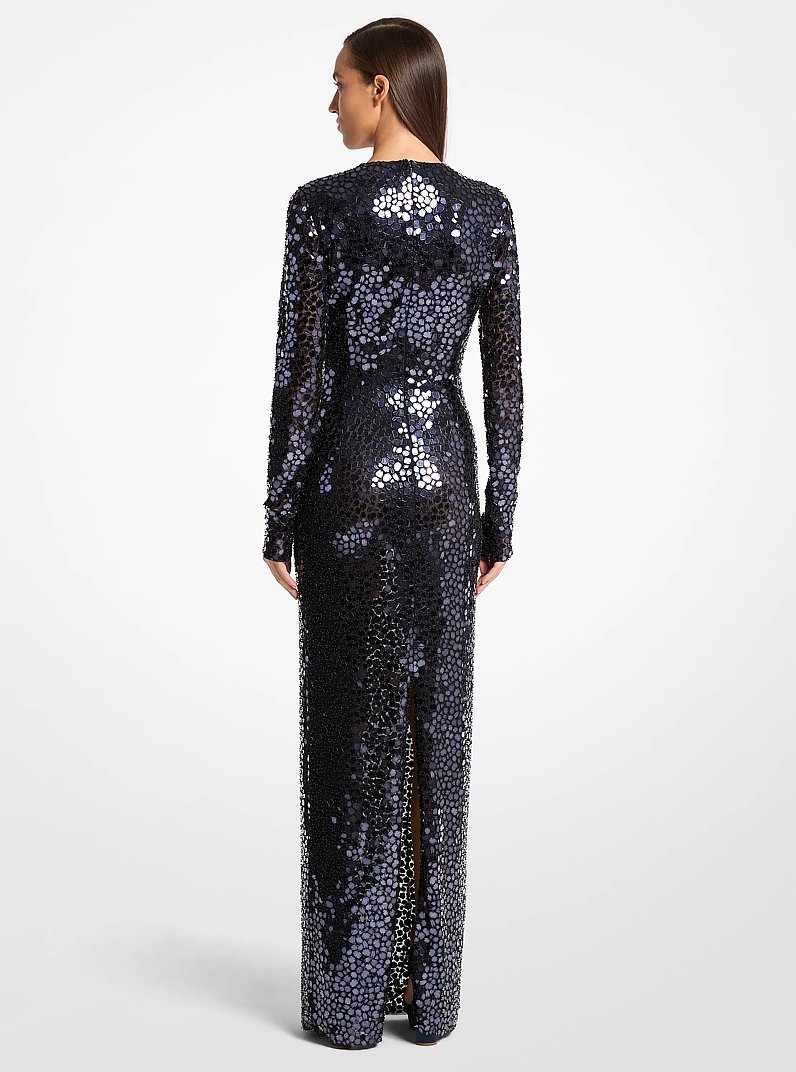 Mirror Embroidered Stretch Tulle V-Neck Gown in MIDNIGHT | Michael Kors