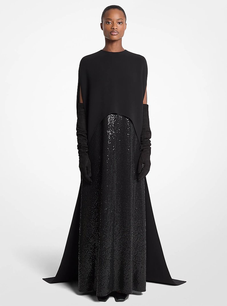 Double-Faced Stretch Wool and Hand-Embroidered Sequin Cape Gown in BLACK | Michael Kors