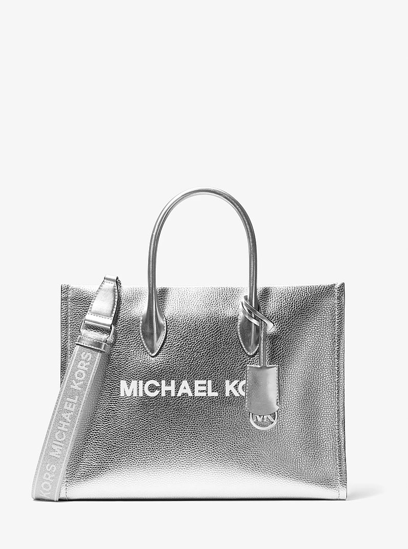 Mirella Medium Metallic Pebbled Leather Tote Bag in SILVER | Michael Kors