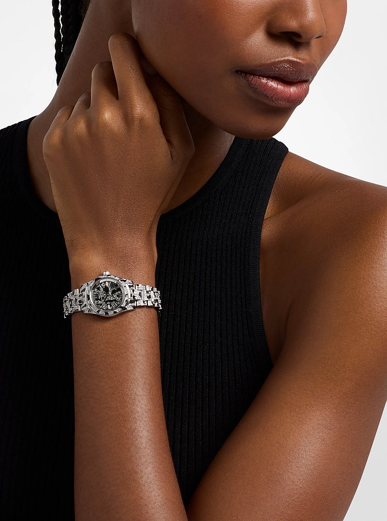 Petite Lexington Pav&eacute; Animal Print Silver-Tone Watch in SILVER | Michael Kors