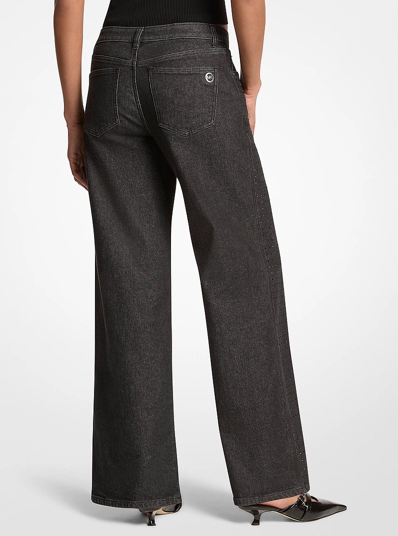 Studded Stretch Denim Wide-Leg Jeans in BLACK RINSE | Michael Kors