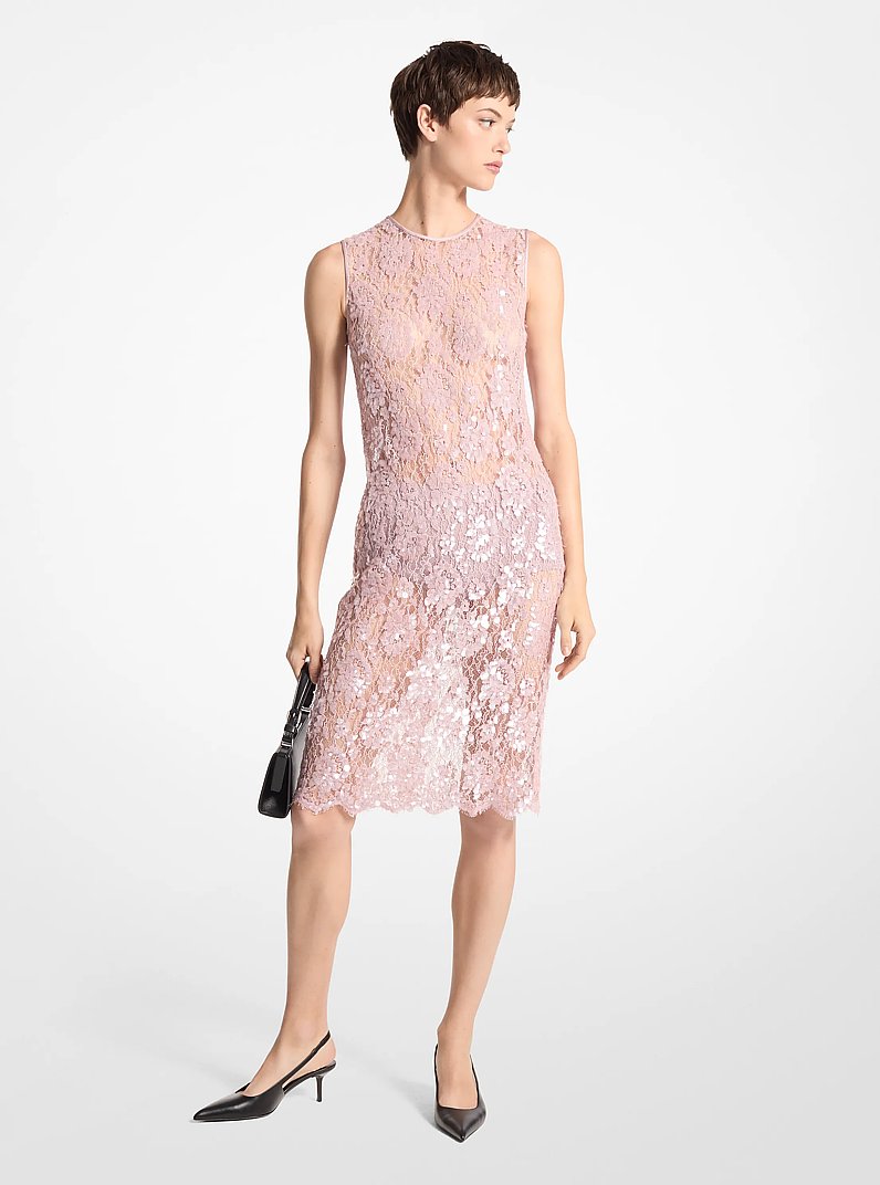 Hand-Embroidered Sequin Floral Lace Shift Dress in BLUSH | Michael Kors
