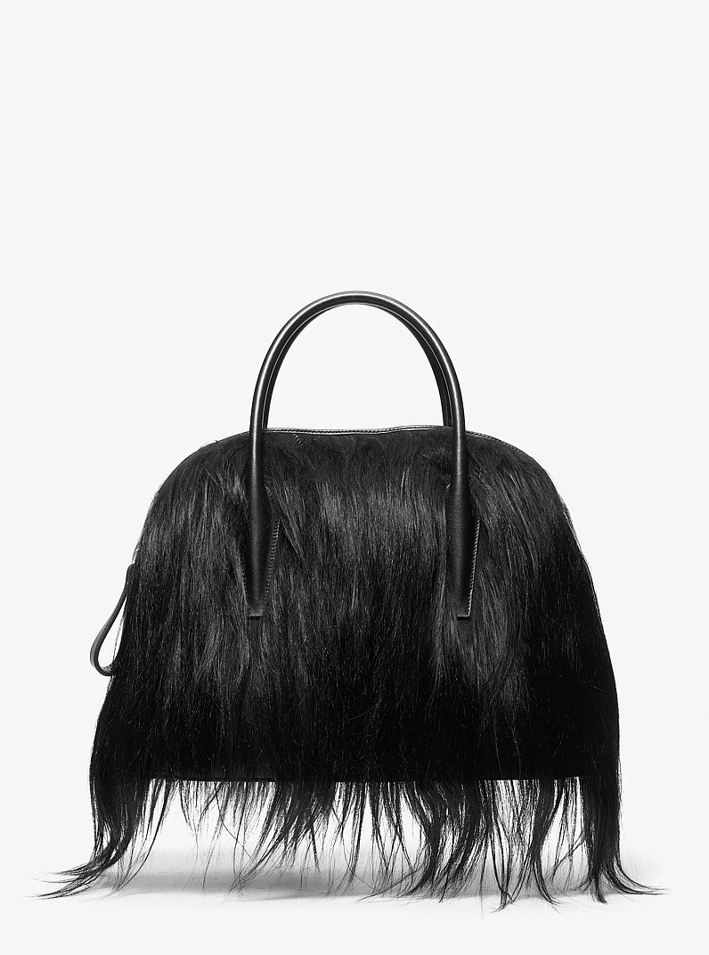 Kaitlin Large Long Haired Shearling Dome Satchel in BLACK | Michael Kors