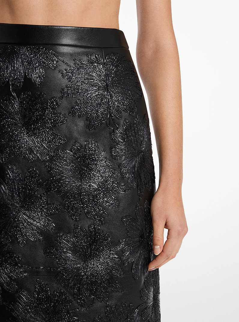 Hand-Embroidered Floral Plong&eacute; Leather Skirt in BLACK | Michael Kors