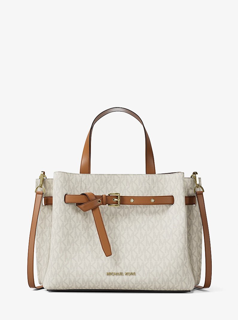 Emilia Medium Signature Logo Satchel in VANILLA/ACORN | Michael Kors