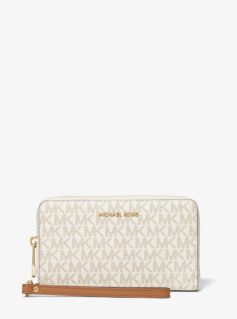 Large Logo and Leather Wristlet in VANILLA | Michael Kors