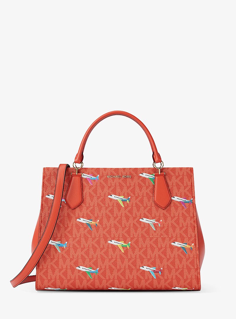 Marilyn Medium Printed Signature Logo Satchel in DK SANGRIA | Michael Kors