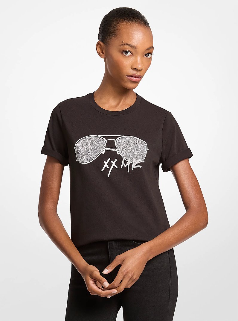 Embellished Printed Cotton Jersey T-Shirt in NOIR | Michael Kors