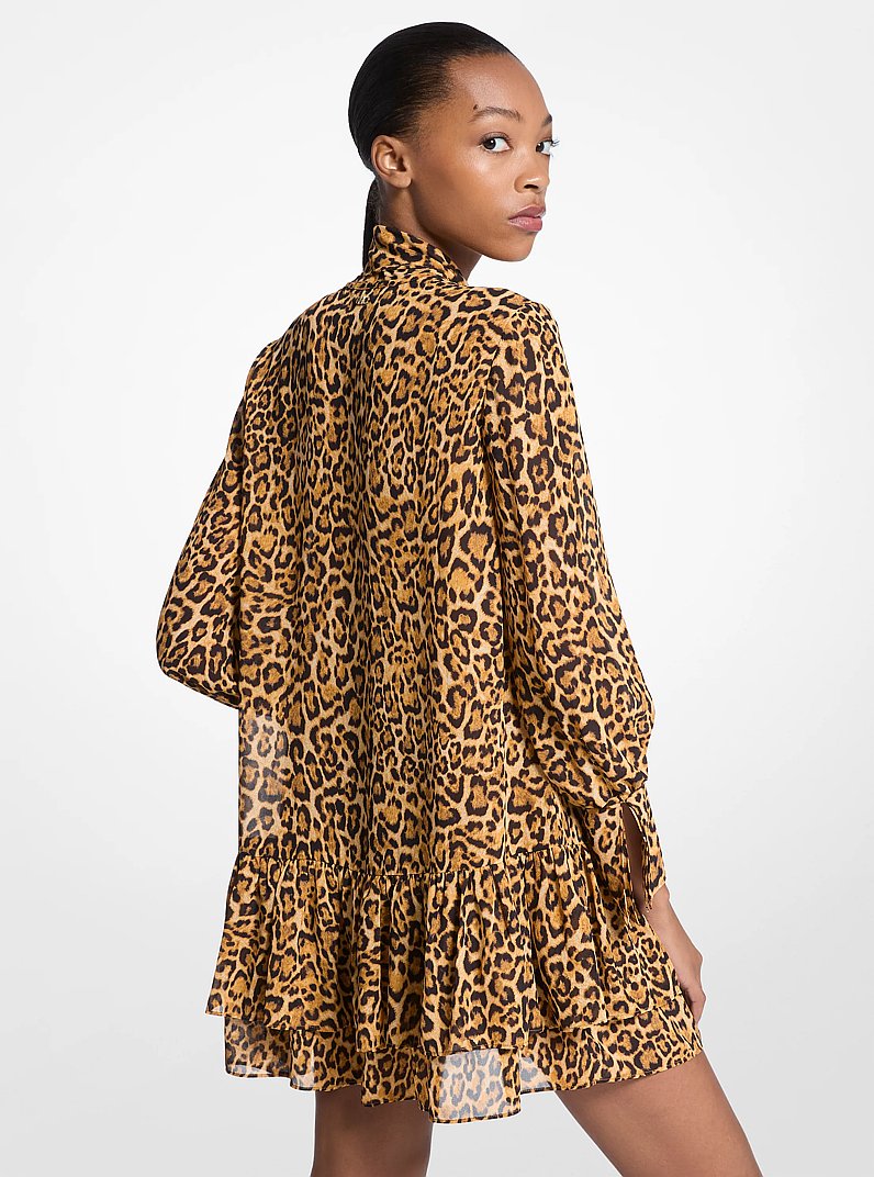 Leopard Print Georgette Tie-Neck Dress in MARIGOLD | Michael Kors