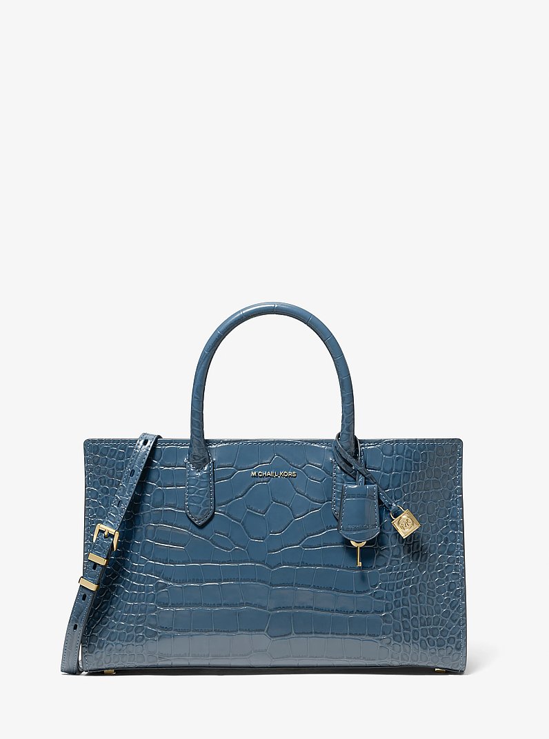 Scarlett Medium Crocodile Embossed Patent Leather Satchel in DK CHAMBRAY | Michael Kors