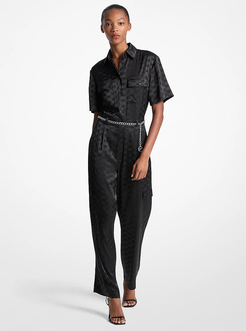 Logo Jacquard Satin Belted Jumpsuit in BLACK | Michael Kors