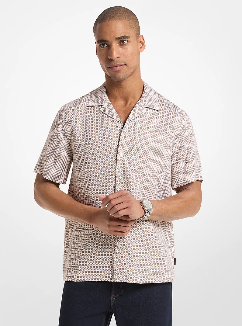 Tile Print Linen Shirt in DARK CAMEL | Michael Kors