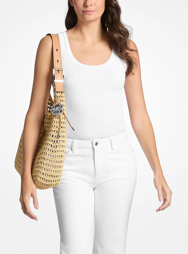 Nolita Large Crocheted Hobo Shoulder Bag in NATURAL/PEANUT | Michael Kors