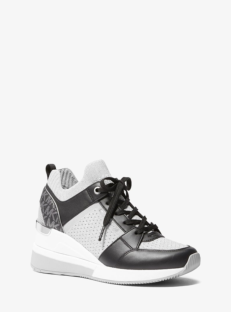Georgie Stretch Knit and Leather Trainer in BLACK/SILVER | Michael Kors