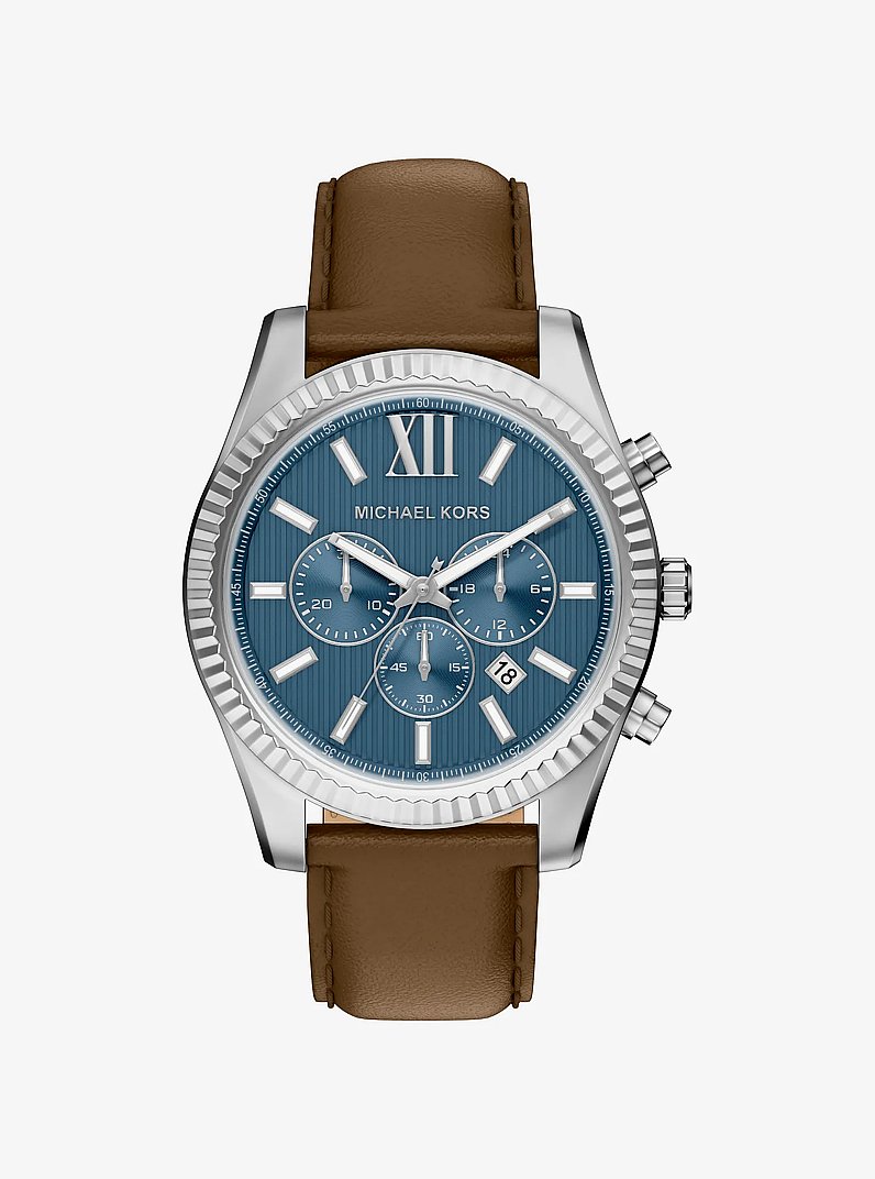 Oversized Lexington Silver-Tone and Leather Watch in HUSK | Michael Kors