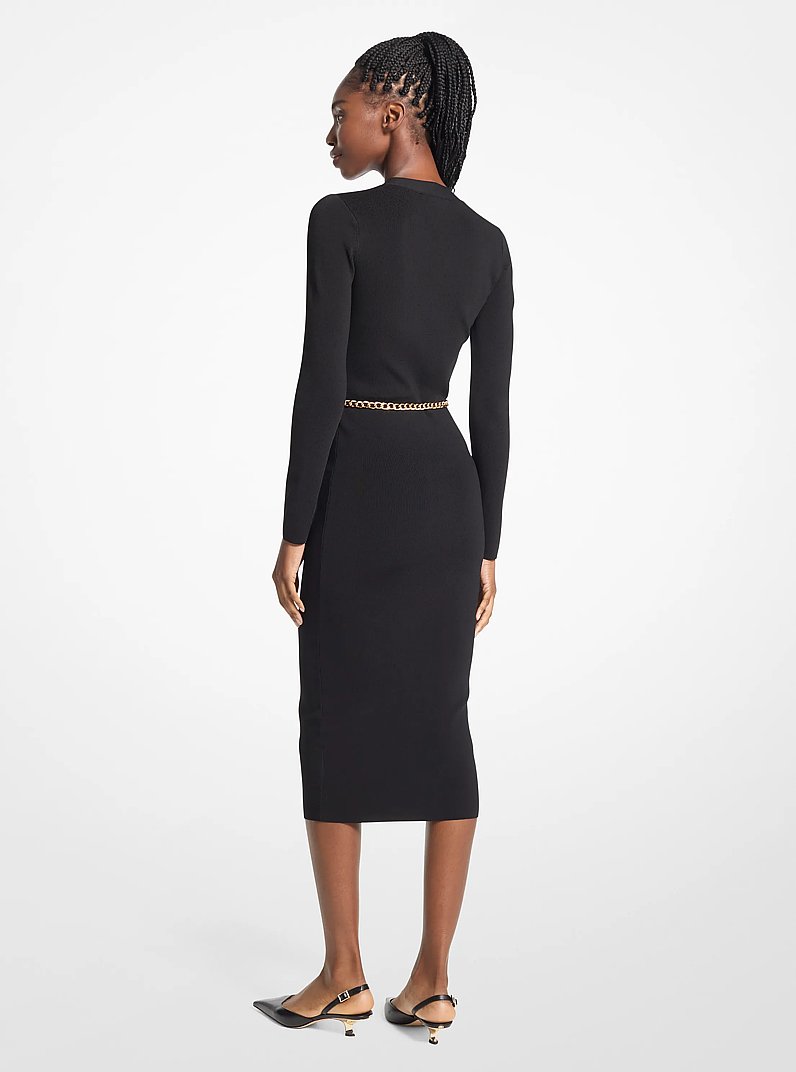 Stretch Knit Belted Dress in BLACK | Michael Kors