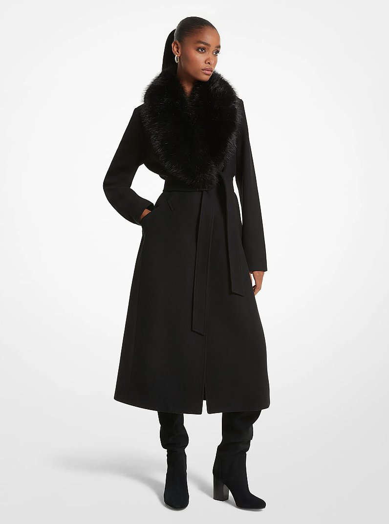 Treat Ürself Muse fur flare coat（black） Faux Fur Trim Wool Blend Coat in BLACK - Sale | Michael Kors