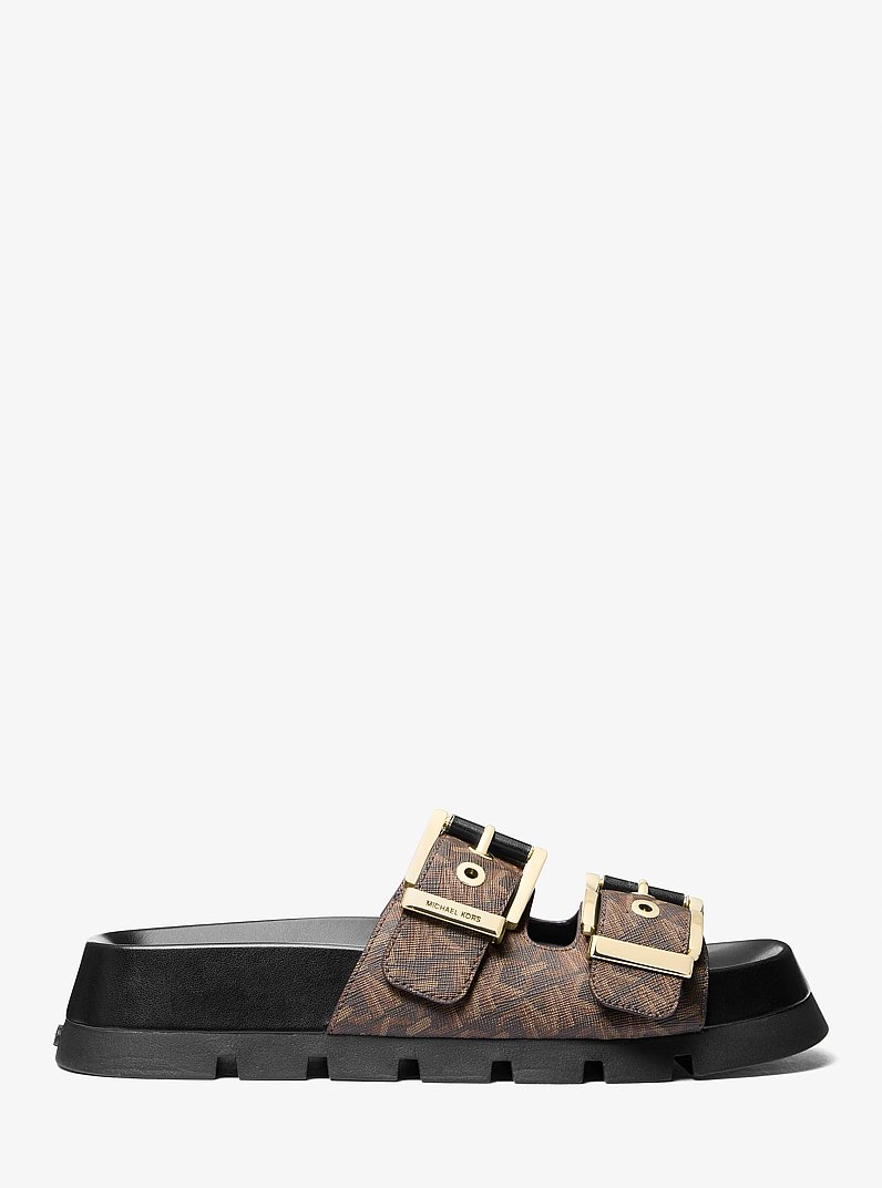Colby Empire Monogram Flatform Slide Sandal in BROWN/BLK | Michael Kors