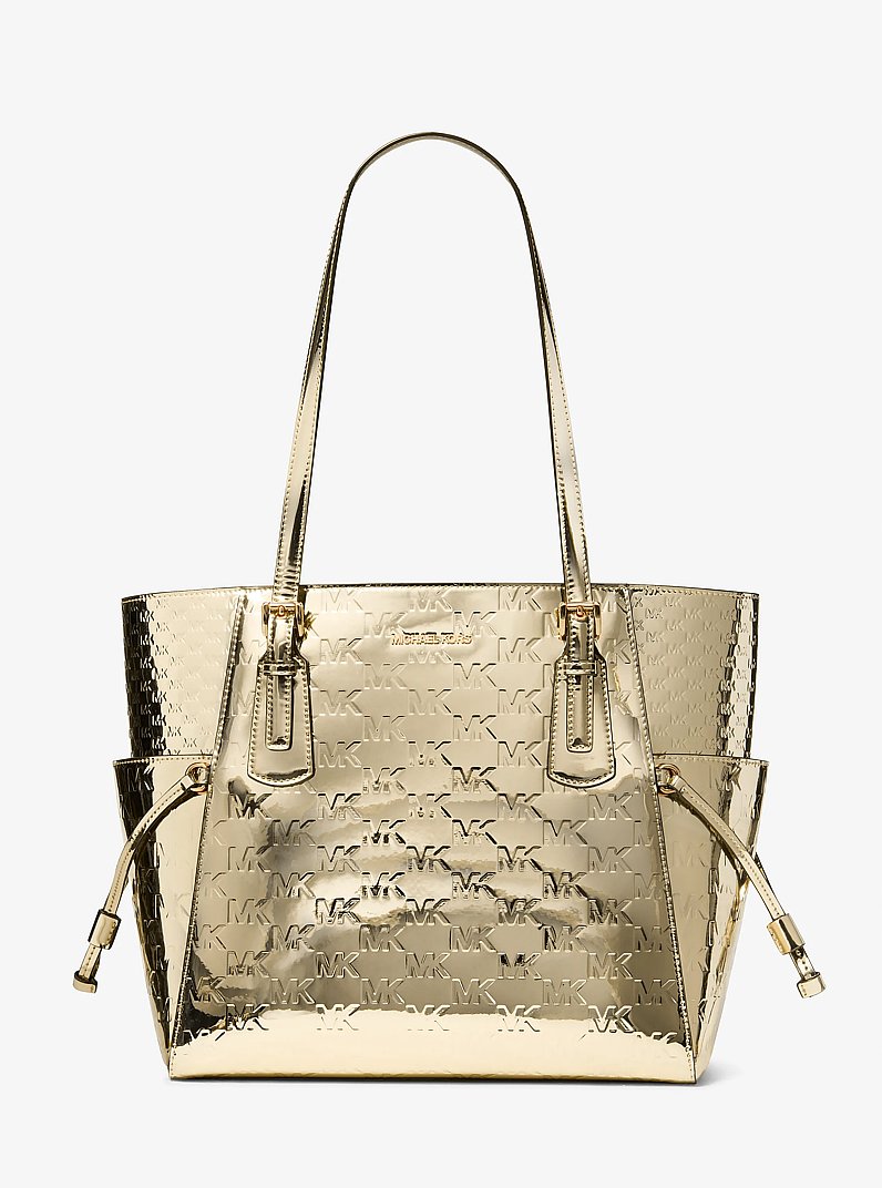 Voyager Large Metallic Logo Debossed Tote Bag in PALE GOLD | Michael Kors