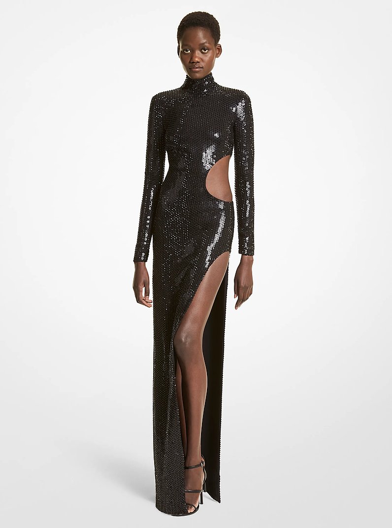 Vestido largo de cady el&aacute;stico con aberturas y cristales bordados a mano in NEGRO | Michael Kors
