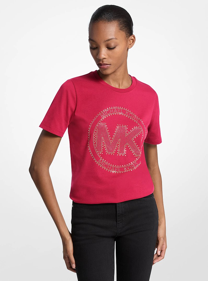 Studded Logo Charm Organic Cotton Jersey T-Shirt in DARKRASPBERRY | Michael Kors