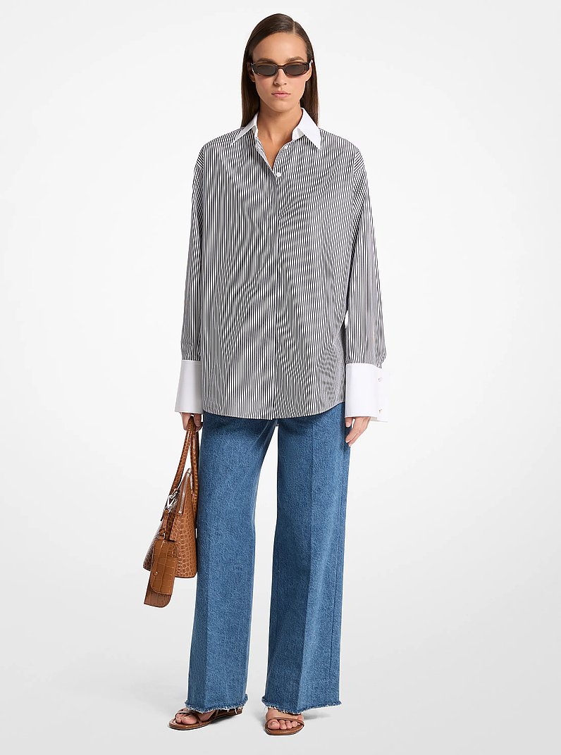 Camisa Tyler extragrande de mezcla de algod&oacute;n a rayas in Blanco medianoche/&oacute;ptico | Michael Kors
