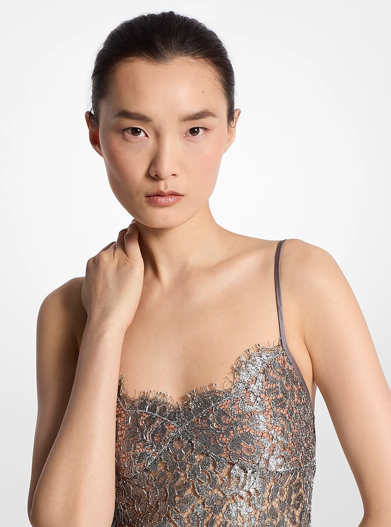 Metallic Floral Lace Slip Dress in GUNMETAL | Michael Kors