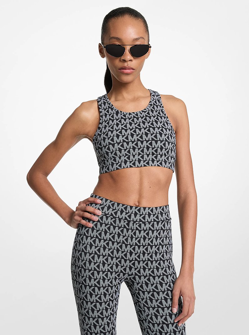 Logo Stretch Nylon Sports Bra in BLACK/WHITE | Michael Kors