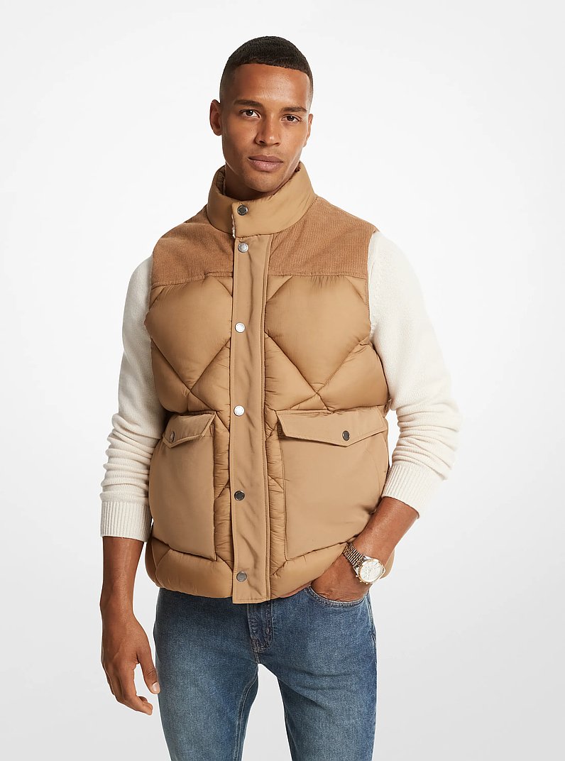 Corduroy and Quilted Nylon Vest in DARK CAMEL | Michael Kors
