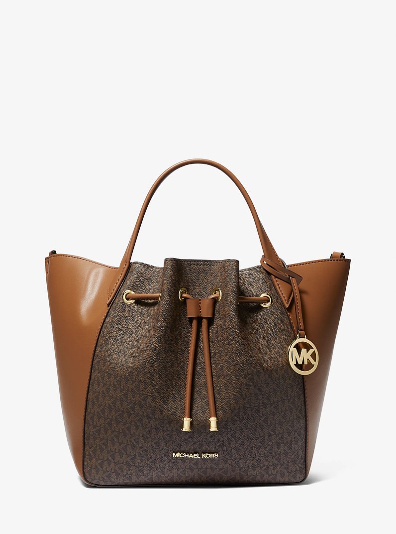 Phoebe Large Two-Tone Logo Bucket Bag in BROWN | Michael Kors