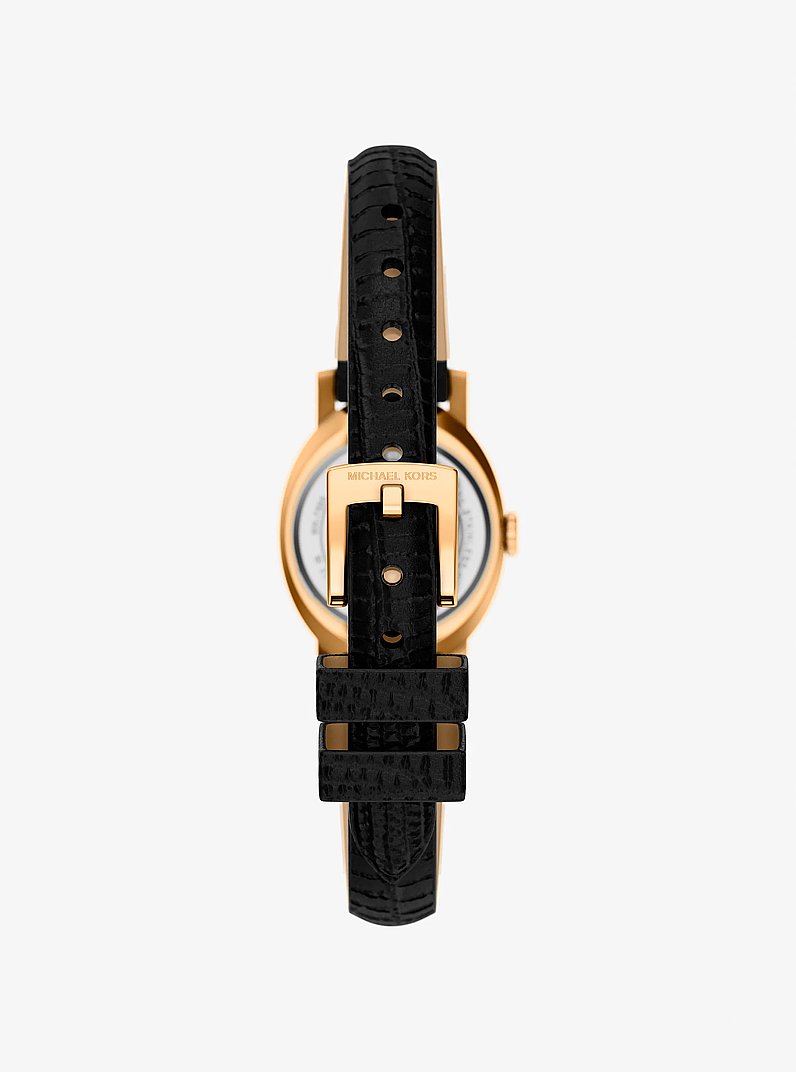 Petite Maude Gold-Tone and Lizard Embossed Leather Watch in BLACK | Michael Kors