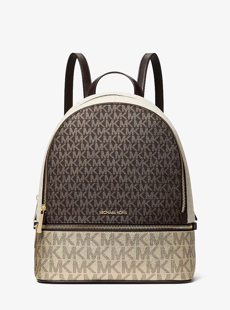 Rhea Medium Metallic Signature Logo Backpack in BROWN | Michael Kors