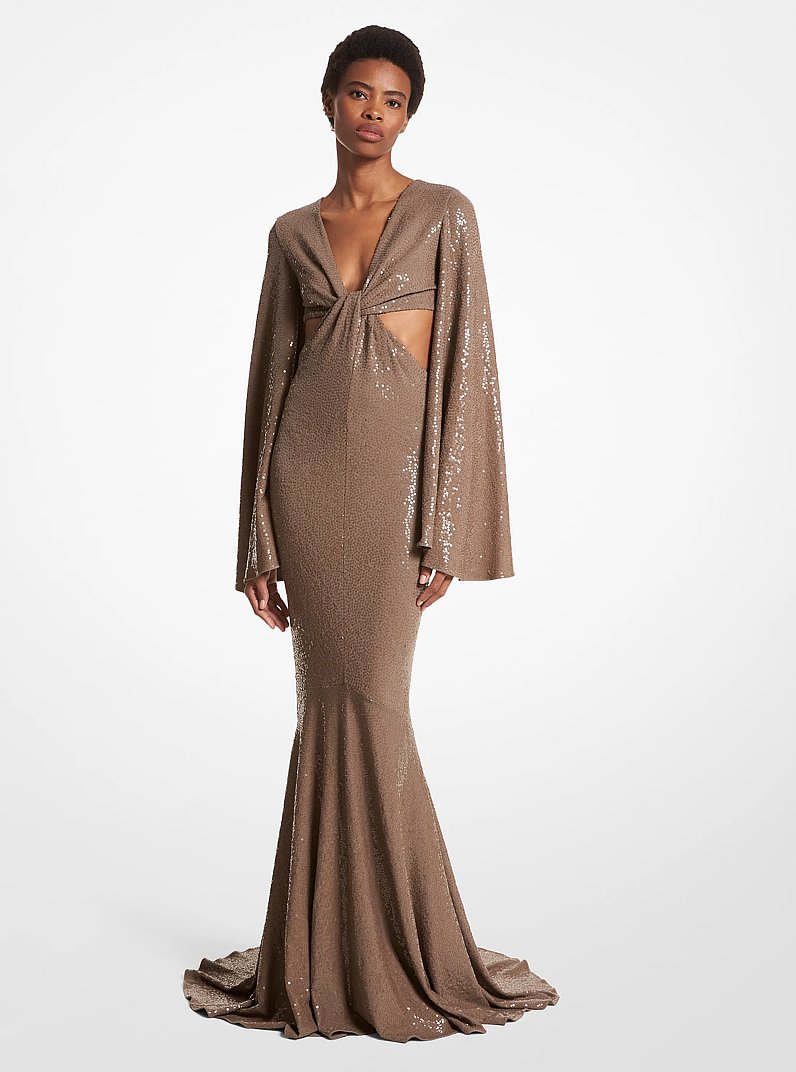 Hand-Embroidered Sequin Stretch Matte Jersey Fishtail Gown in MOCHA | Michael Kors