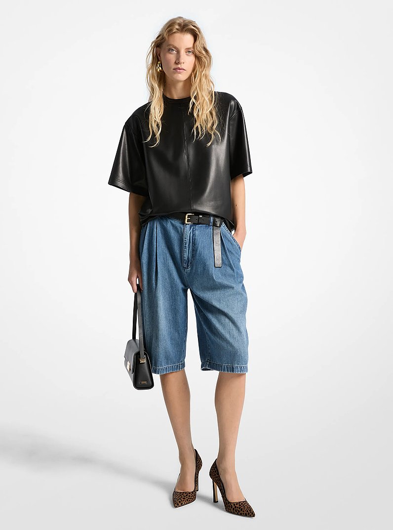 Pleated Bermuda Denim Shorts in UNION WASH | Michael Kors