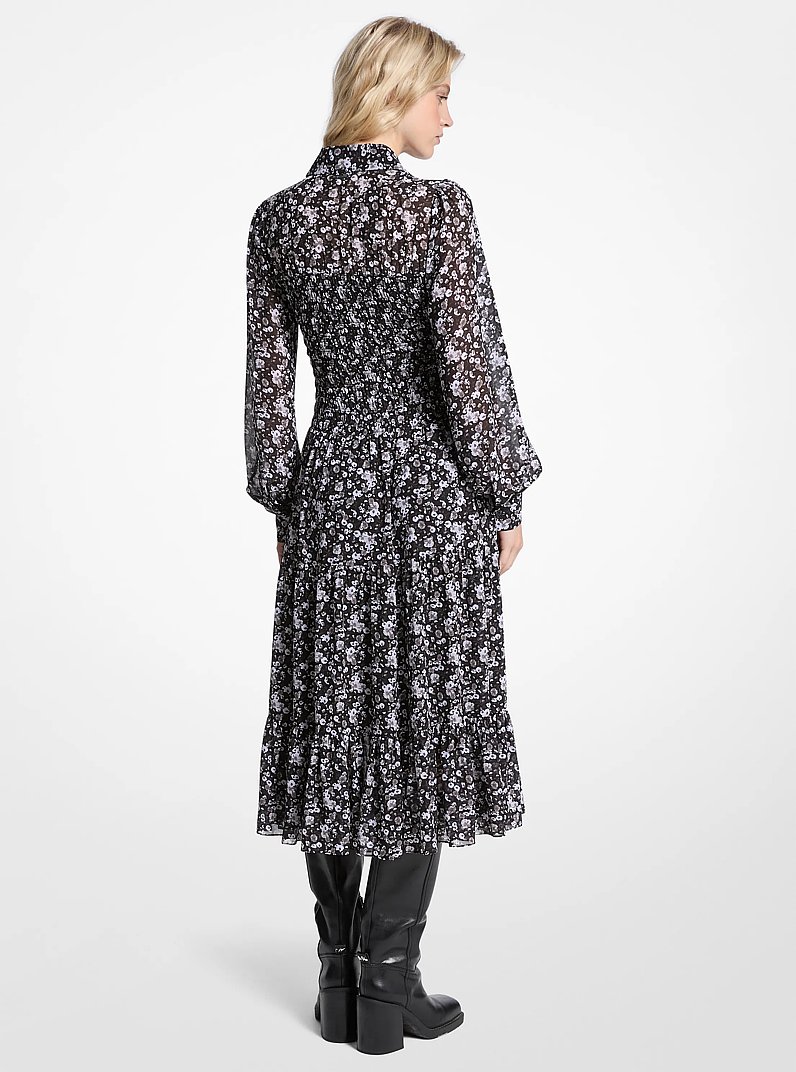 ミレル Floral Print Smocked Georgette Shirtdress in GUNMETAL - Sale