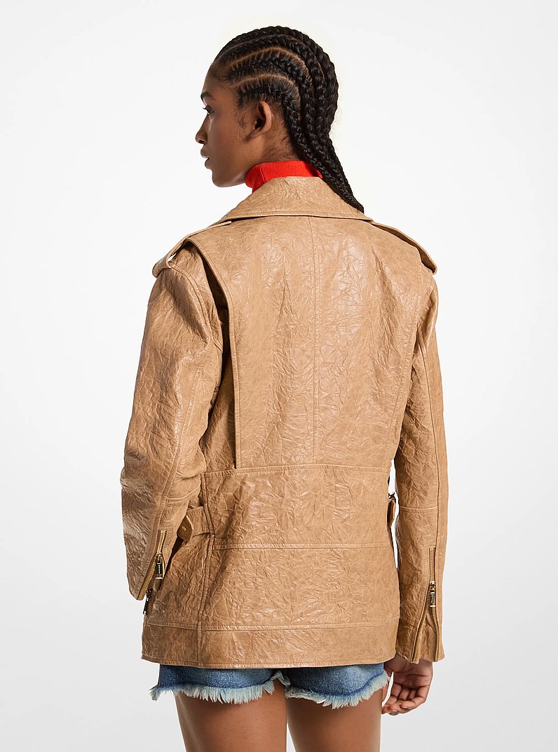 Oversized Crinkled Leather Moto Jacket in DARK CAMEL | Michael Kors