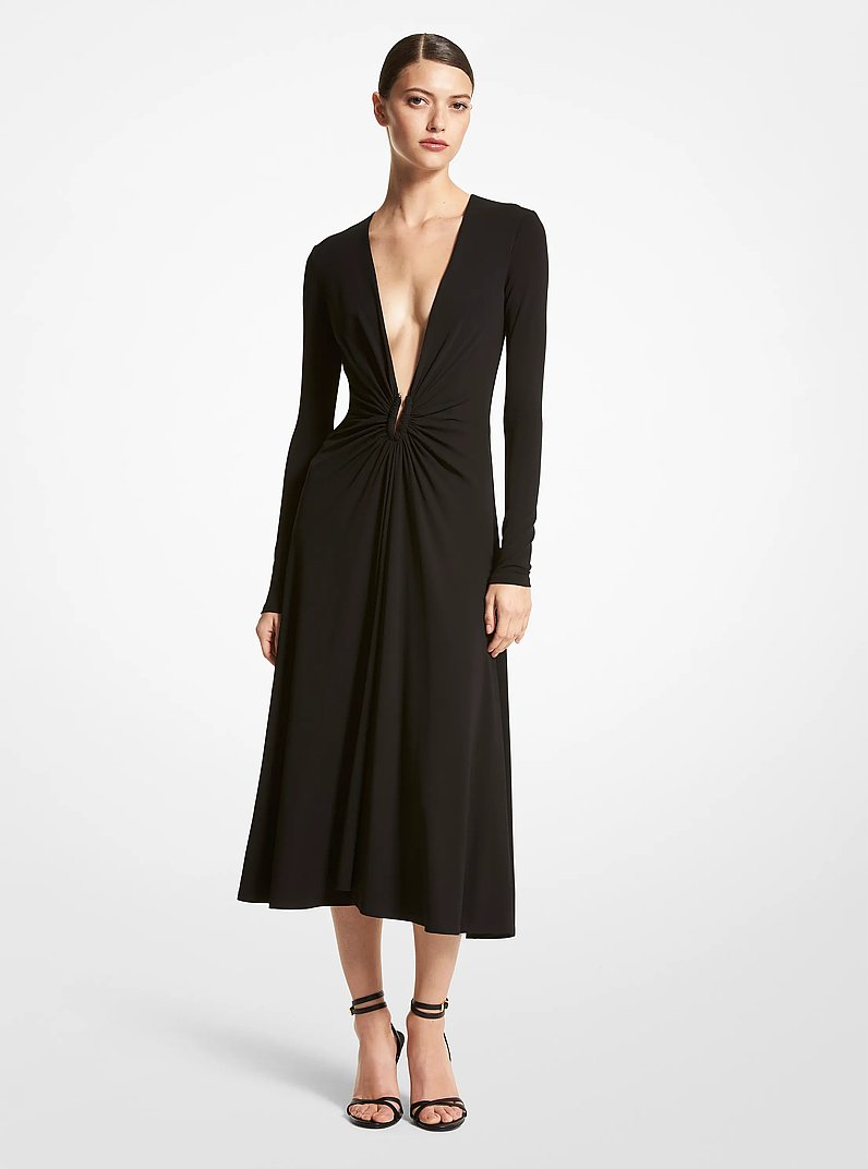 Ruched Stretch Jersey Plunge Dress in BLACK | Michael Kors